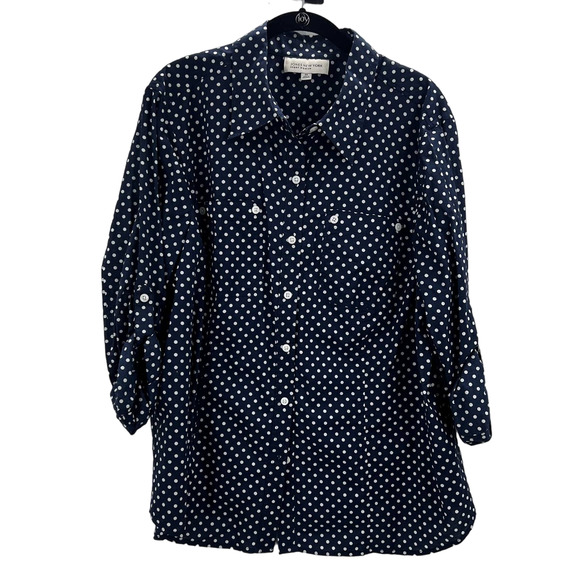 Jones New York Sport Woman Polka Dot Navy Blue White Blouse Long Sleeve 2XL - Picture 1 of 9